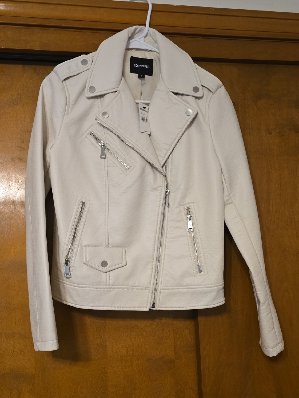 Express Cream Faux Leather Moto Jacket with Silver Hardware